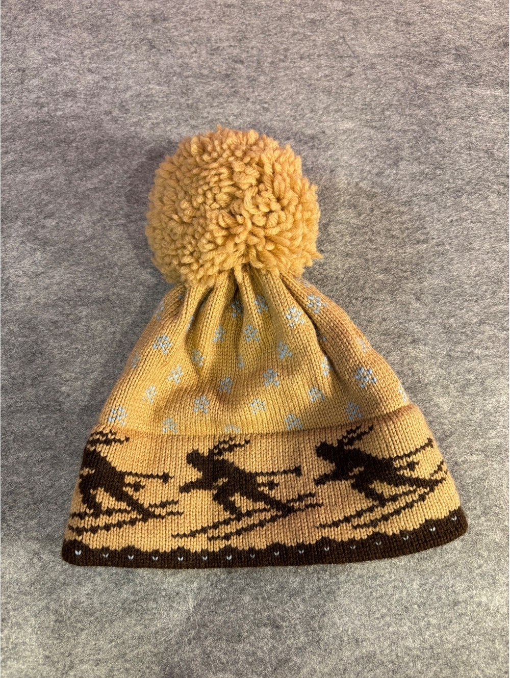 Vintage Bermeyer Wool Blend Ski Beanie Hat with Pom Pom, Yellow and Brown